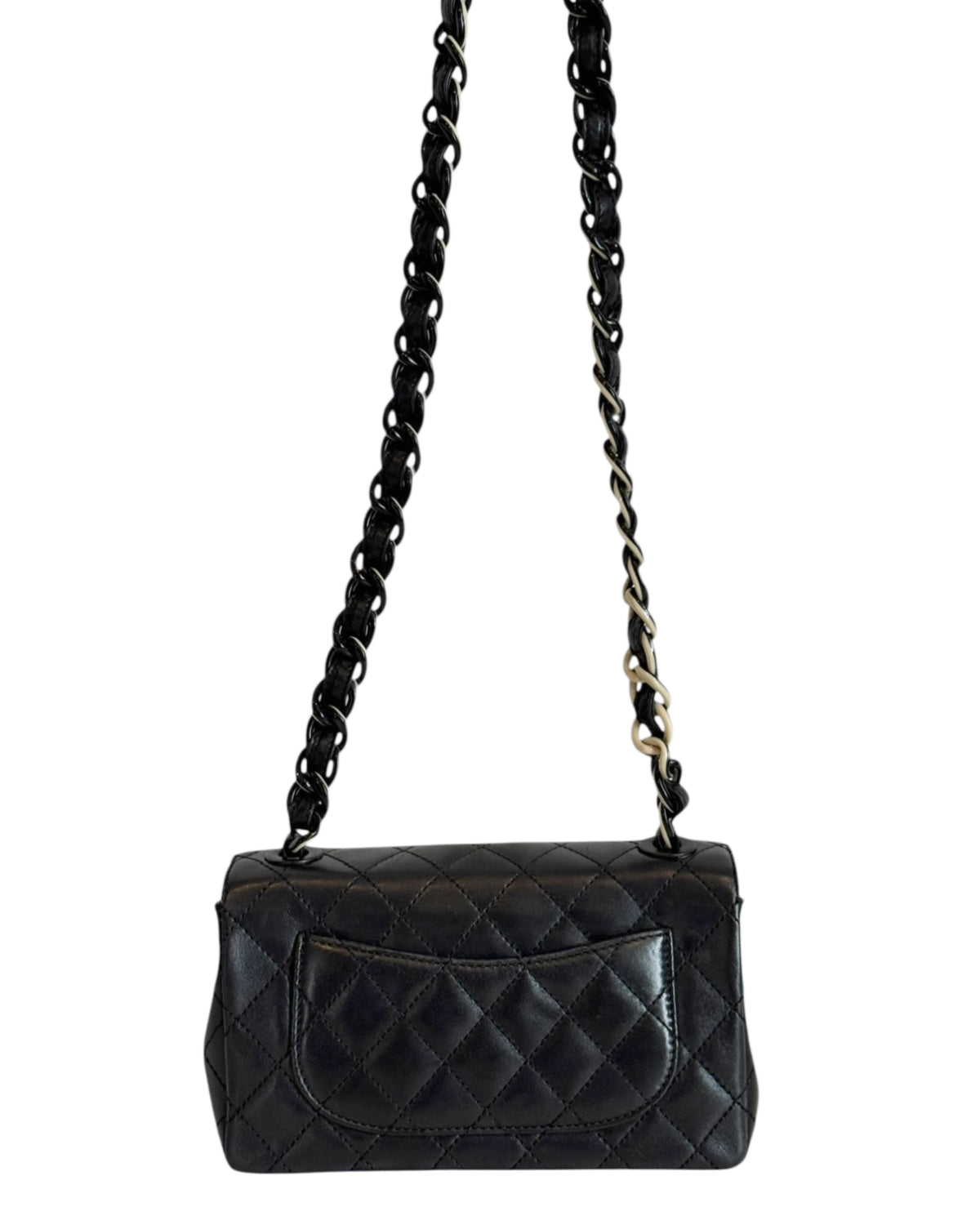 Chanel Vintage 00s Black Quilted Lambskin Rectangular Mini Flap Bag with B&W Resin Chain Strap