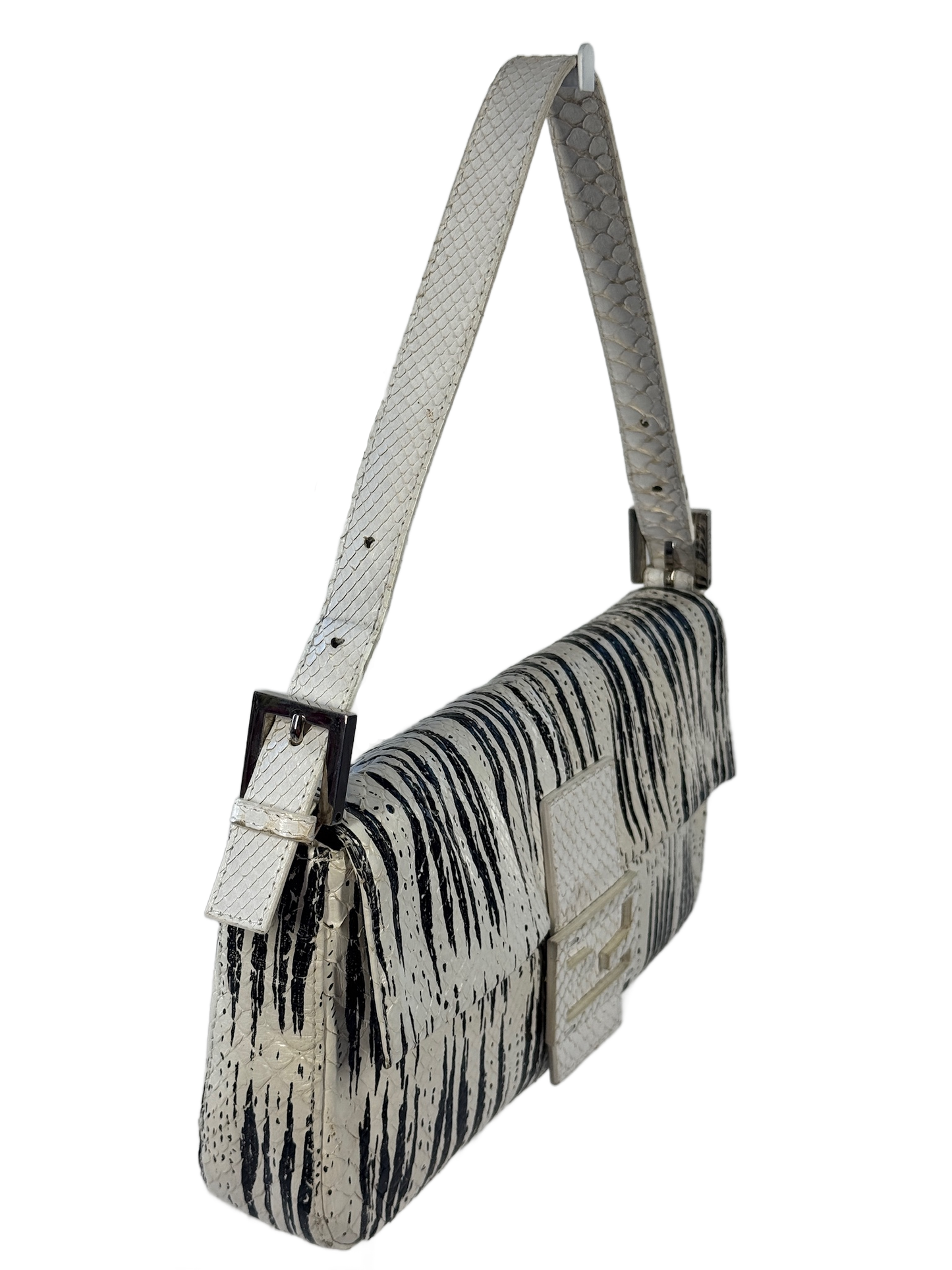 Fendi Vintage White & Black Zebra Print Snakeskin Baguette Shoulder Bag