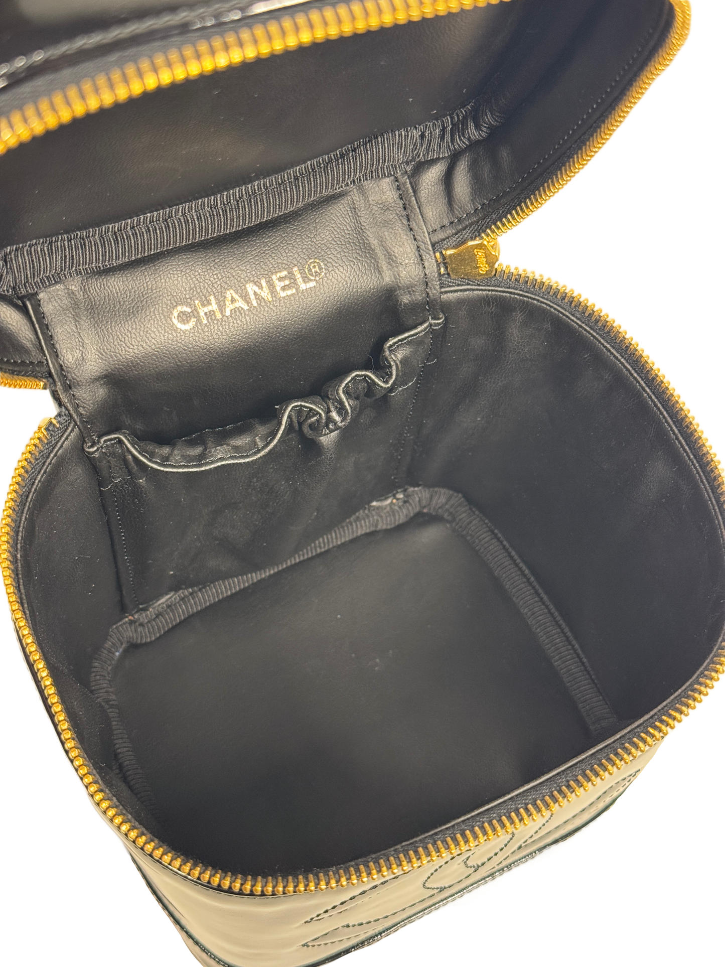 Chanel Vintage 90s Black Patent Leather Cosmetic Vanity Case Top Handle Bag w 24K GPHW