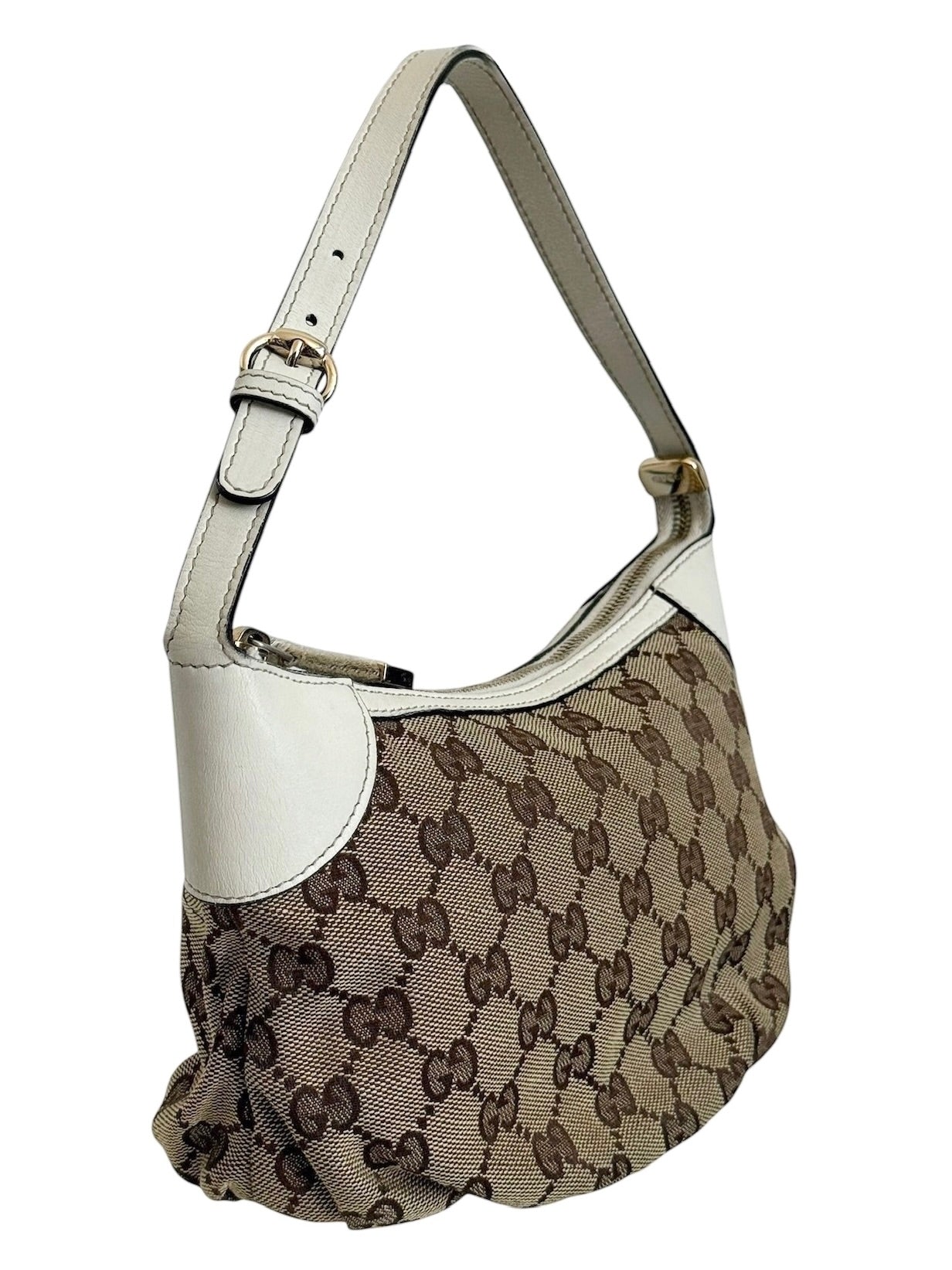 Gucci Vintage Brown GG Monogram Ivory Leather Trim Striped Pull Ruffle Small Pochette Bag