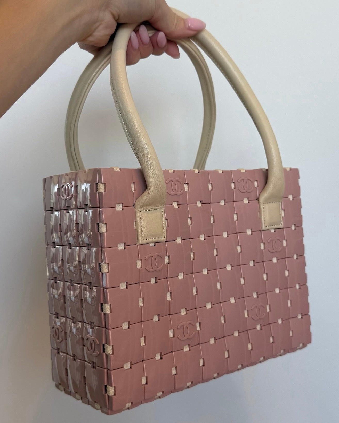 Chanel Vintage 00s Pink Acrylic CC Puzzle Piece Small Top Handle Tote Bag
