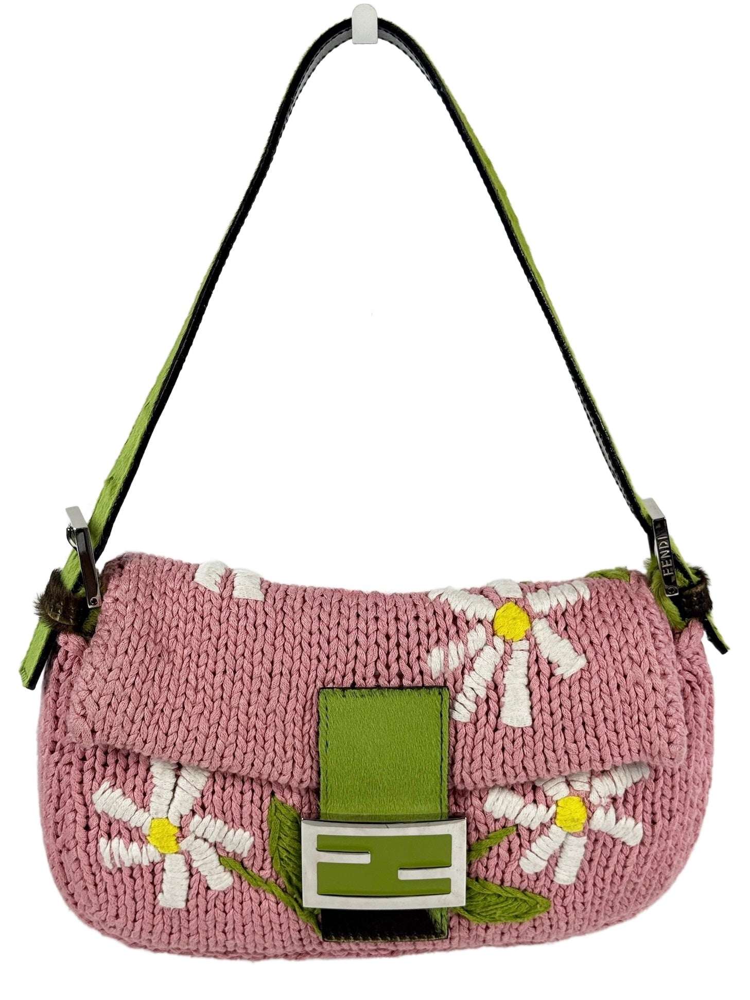 Fendi Vintage Pink Knit Crochet Floral Embroidered Green Cow Print Pony Hair Trim Shoulder Baguette Bag