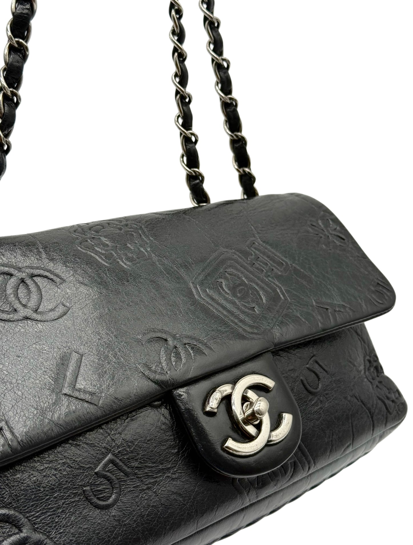 Chanel 2014 Black Calfskin Embossed Precious Symbols Medium Classic Flap with Ruthenium Hardware
