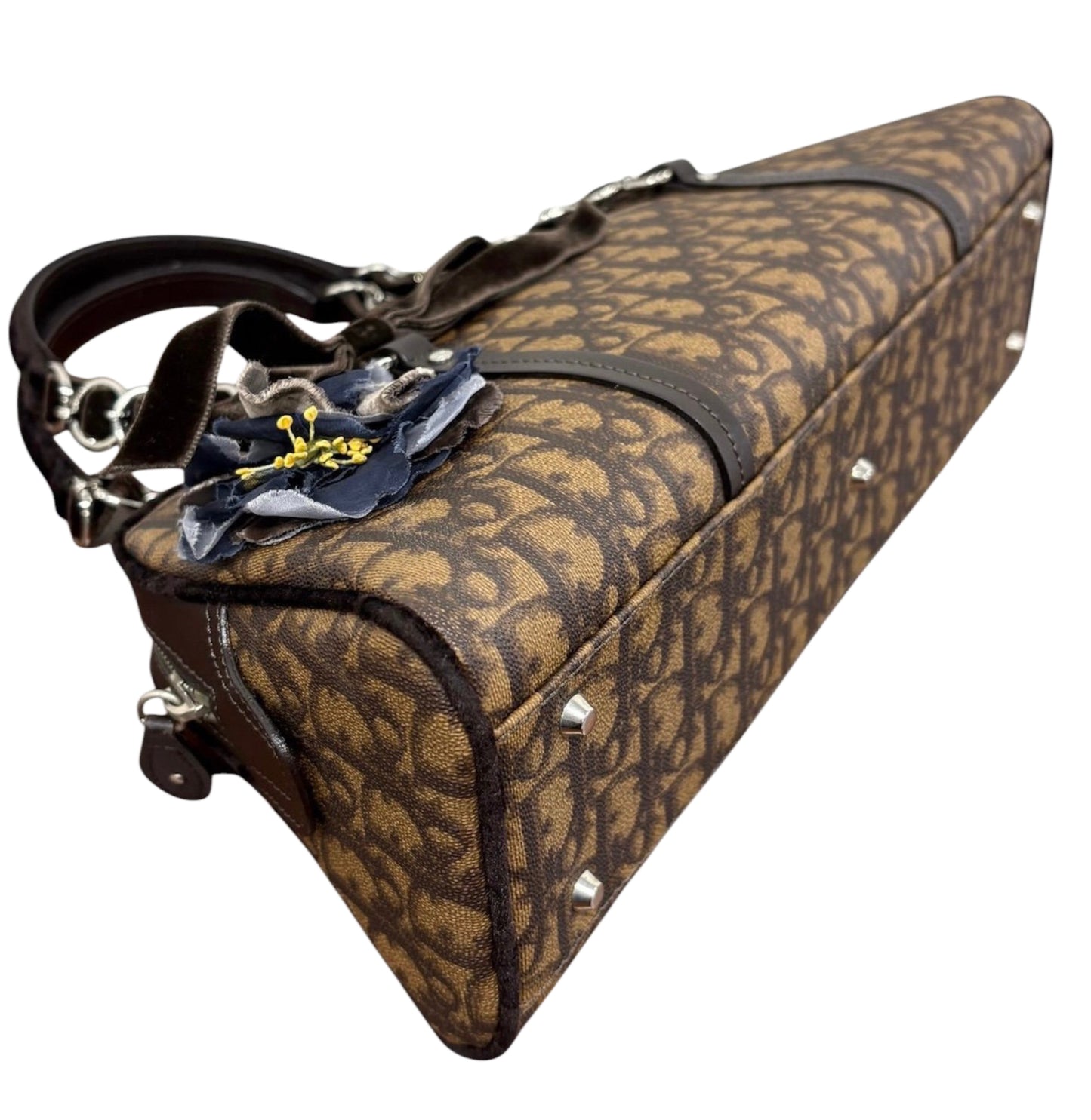 Dior Vintage 2005 Brown Diorissimo Monogram Canvas Romantique Velvet Bow Floral Trotter East West Shoulder Bag