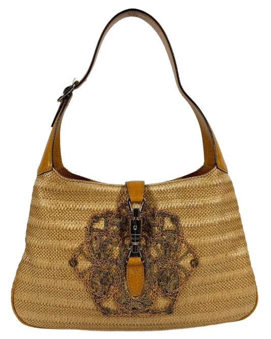 Gucci Vintage Embroidered Sequin Raffia Jackie Shoulder Bag w Gold Leather Trim