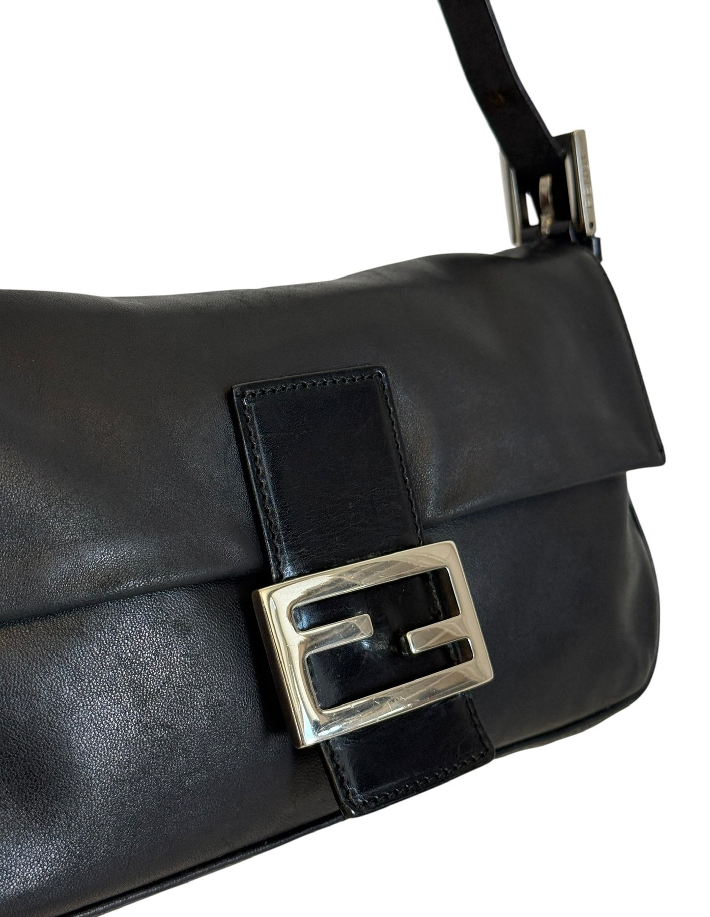 Fendi Vintage Black Lambskin Shoulder Baguette Bag with SHW