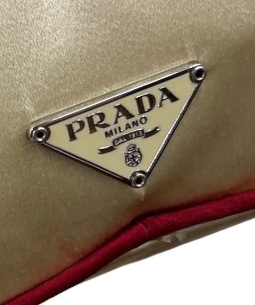 Prada Vintage Ivory with Red Piping Satin Kisslock Mini Top Handle Evening Bag with Mirror