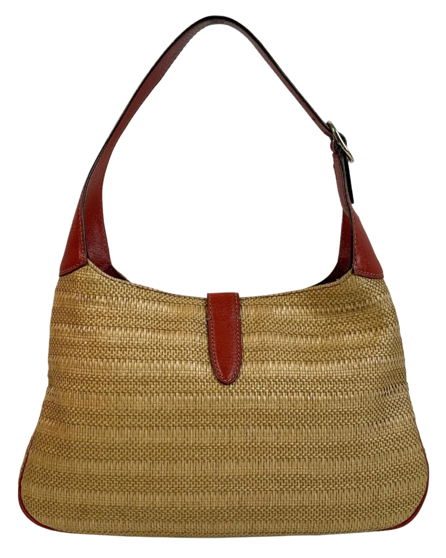 Gucci Brown Raffia & Red Leather Embellished Sequin Medium Jackie Hobo Shoulder Bag