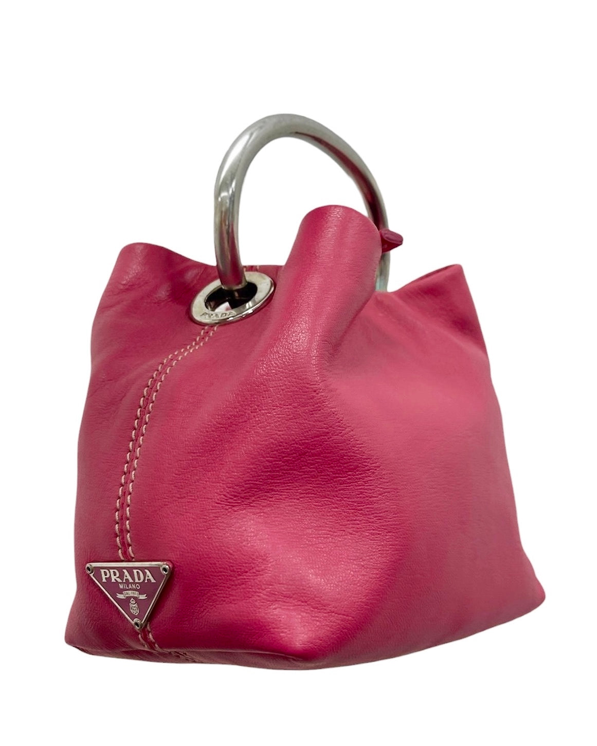 Prada Vintage Hot Fuchsia Pink Lambskin Metal Top Handle Mini Bracelet Bag