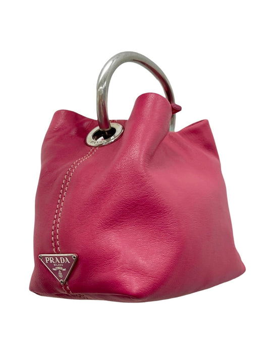 Prada Vintage Hot Fuchsia Pink Lambskin Metal Top Handle Mini Bracelet Bag