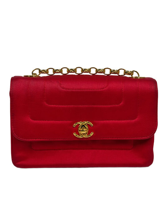 Chanel Vintage 2 Series Red Satin Classic Mini Flap Bag w Bijoux Chain w 24K GPHW