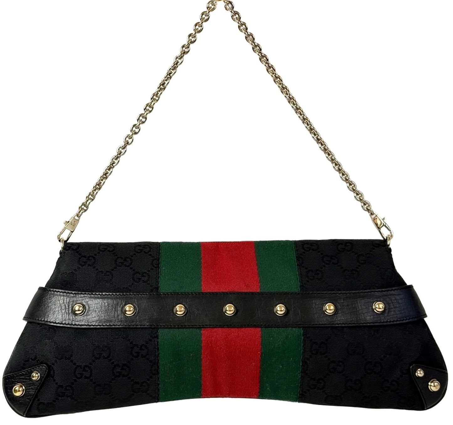 Gucci Vintage Black GG Monogram Webb Stripe Large Horsebit Chain Shoulder Clutch Bag