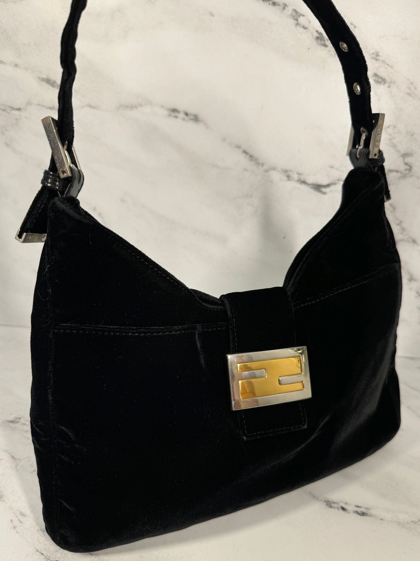 Fendi Vintage Black Velvet Mixed Metal Hardware Hobo Shoulder Baguette Bag