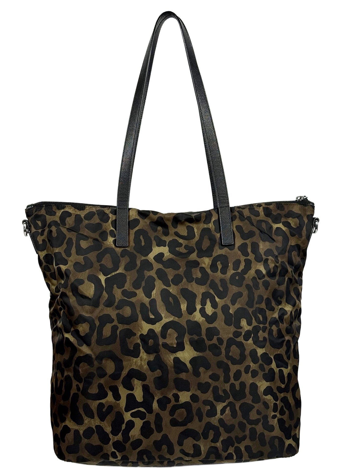Prada Vintage Black & Green Nylon Leopard Print Tessuto Shoulder Tote Bag