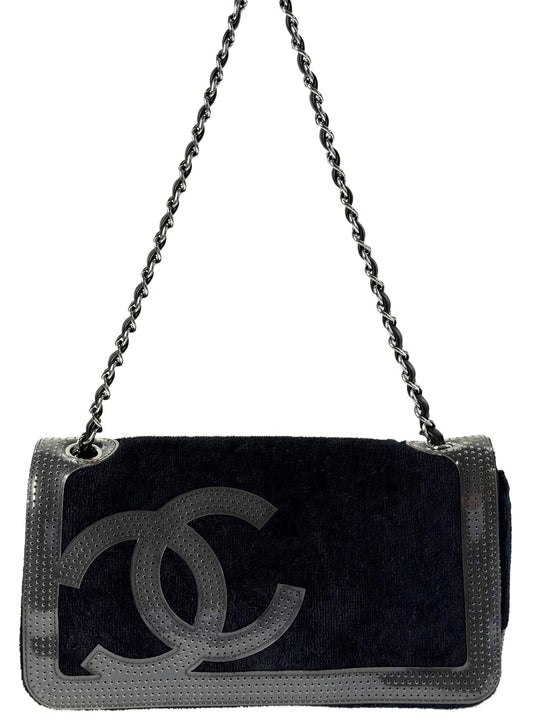 Chanel Vintage Black Terry Cloth PVC CC Sport Line Chain Shoulder Flap Bag