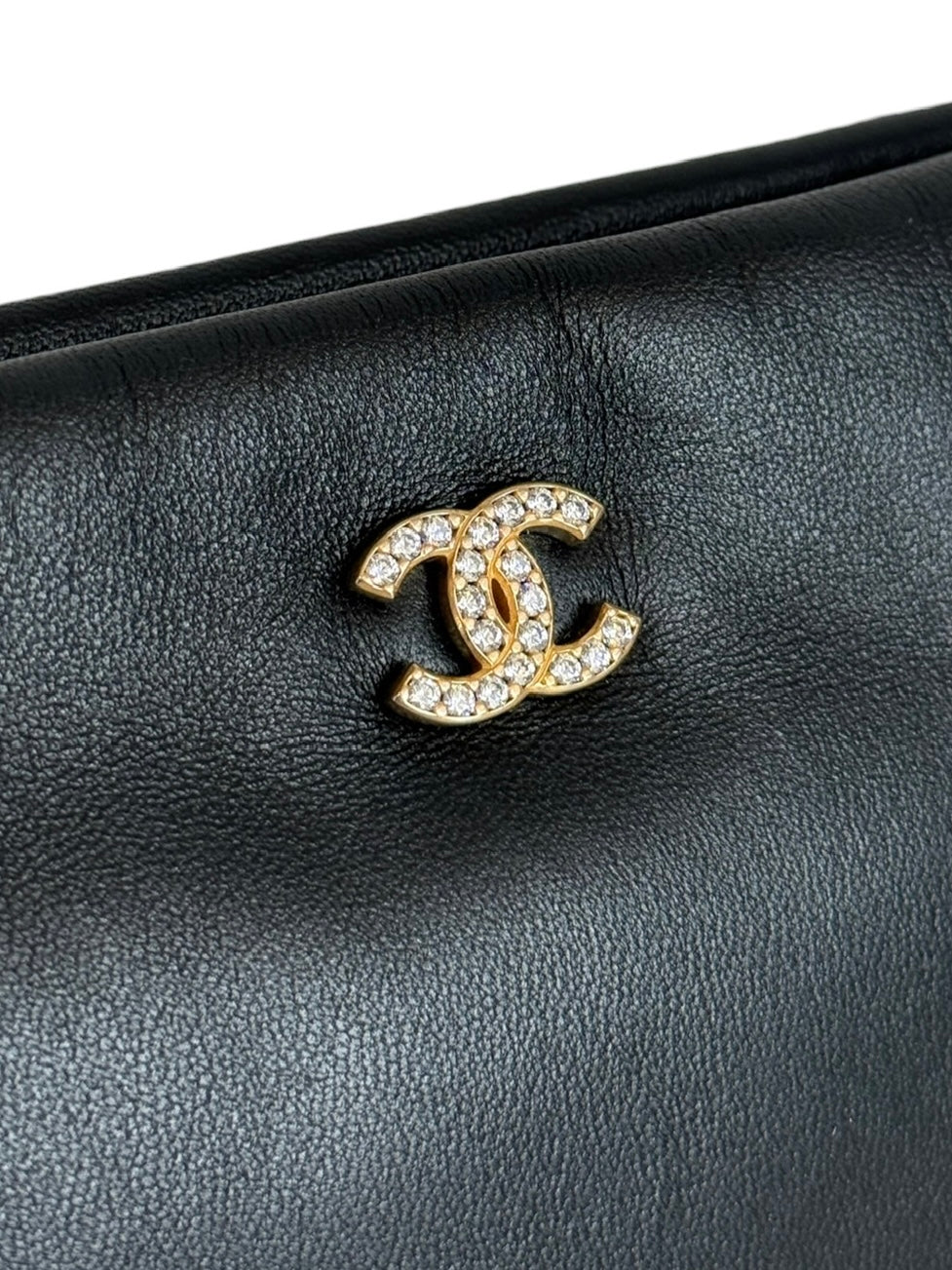 Chanel 2024 Black Lambskin Wristlet Evening Clutch with Rhinestone Crystal CC Logos