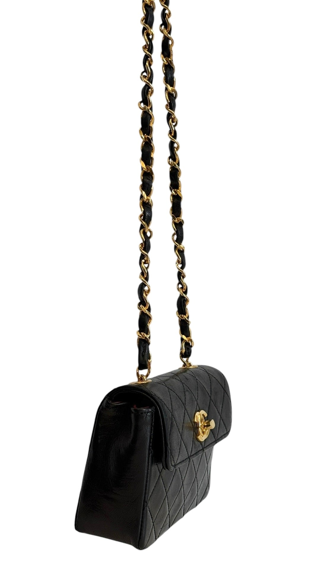 Chanel Vintage 80s Black Quilted Lambskin Micro Mini Rectangular Classic Flap Bag with 24K GPHW