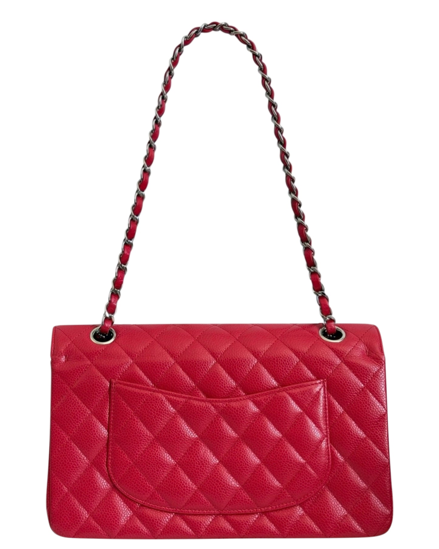 Chanel Vintage 00s Hot Fuchsia Pink Quilted Caviar Medium Classic Double Flap Bag Flap with Silver Hardware