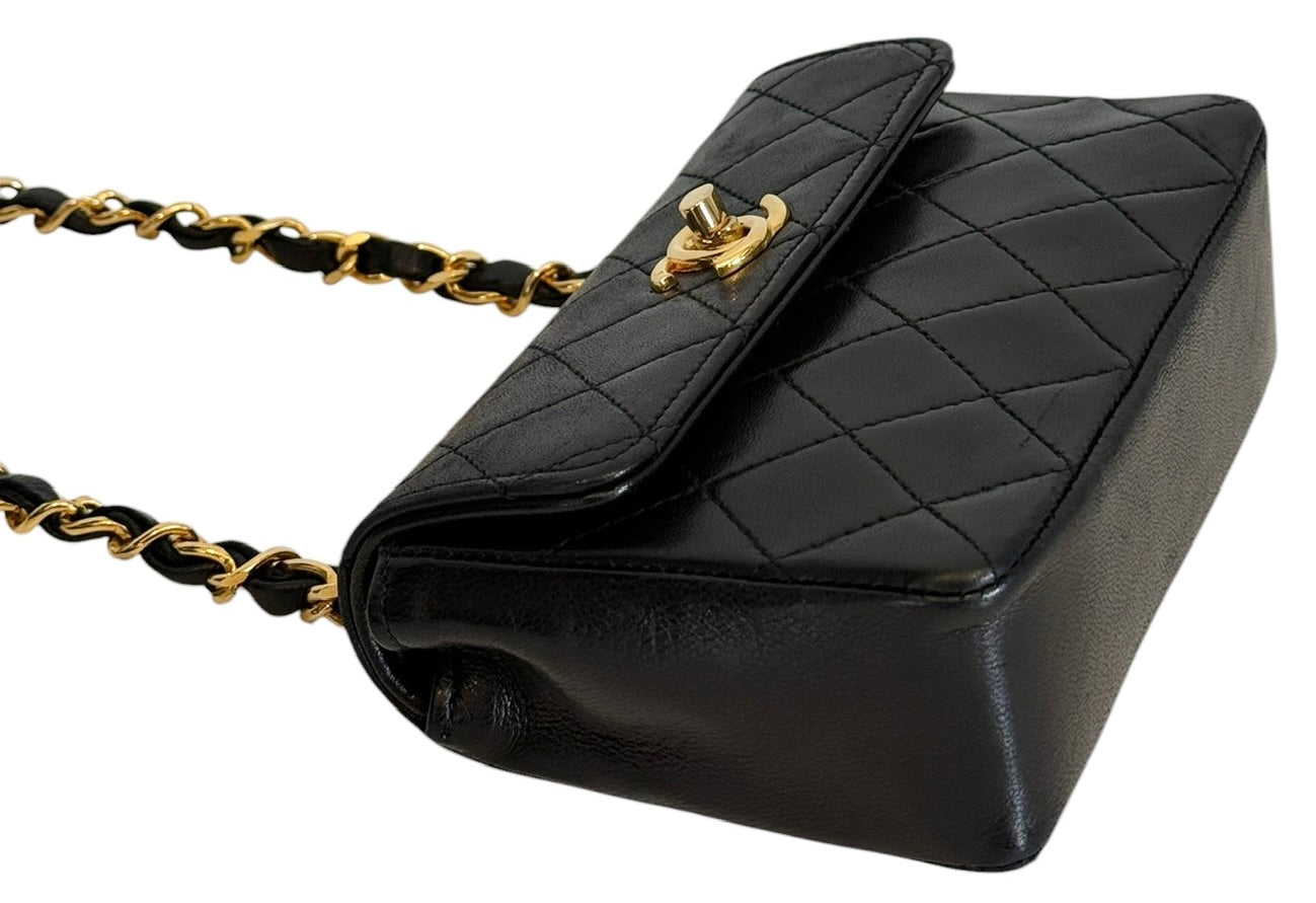 Chanel Vintage 80s Black Quilted Lambskin Micro Mini Rectangular Classic Flap Bag with 24K GPHW
