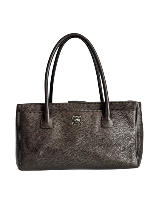 Chanel 2014 Metallic Pewter Brown Deerskin Leather Small Cerf Executive Shoulder Tote Bag with SHW