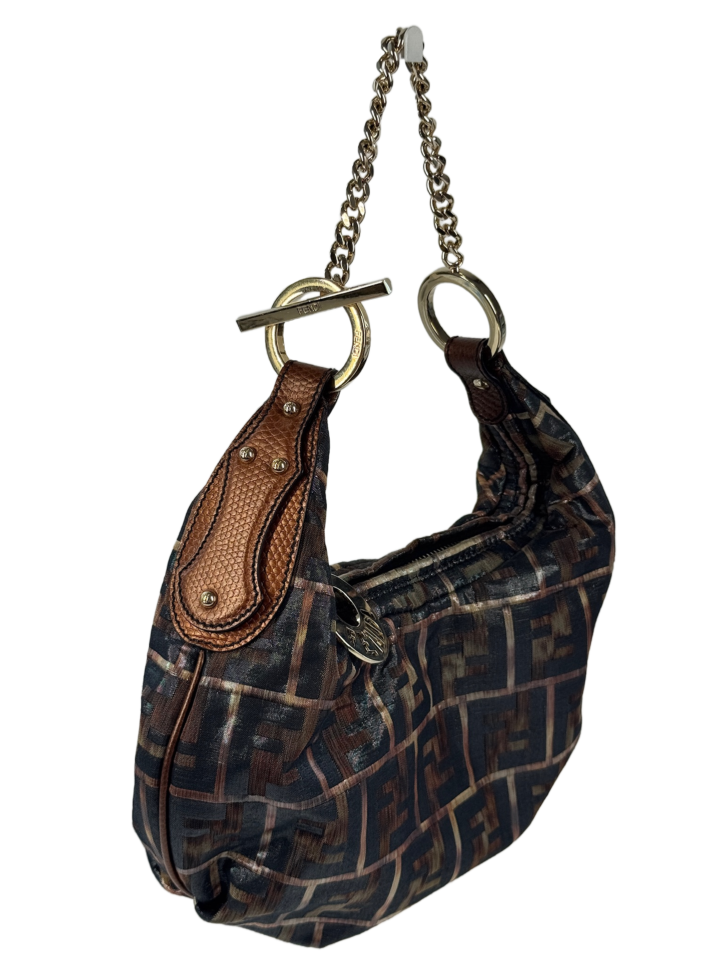 Fendi Brown & Black Metallic Zucca Monogram Canvas Chef Hobo Mini Shoulder Chain Bag