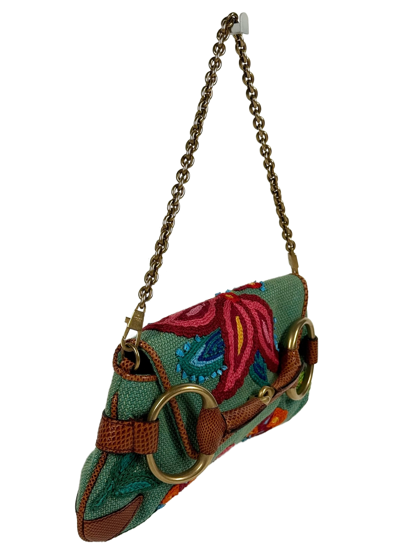 Gucci Vintage Turquoise Floral Embroidered Raffia Lizard Trim Small Horsebit Clutch Shoulder Bag