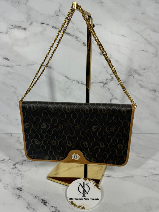 Dior Vintage Black Honeycomb with Brown Leather Trim Flap Chain Shoulder Crossbody Bag