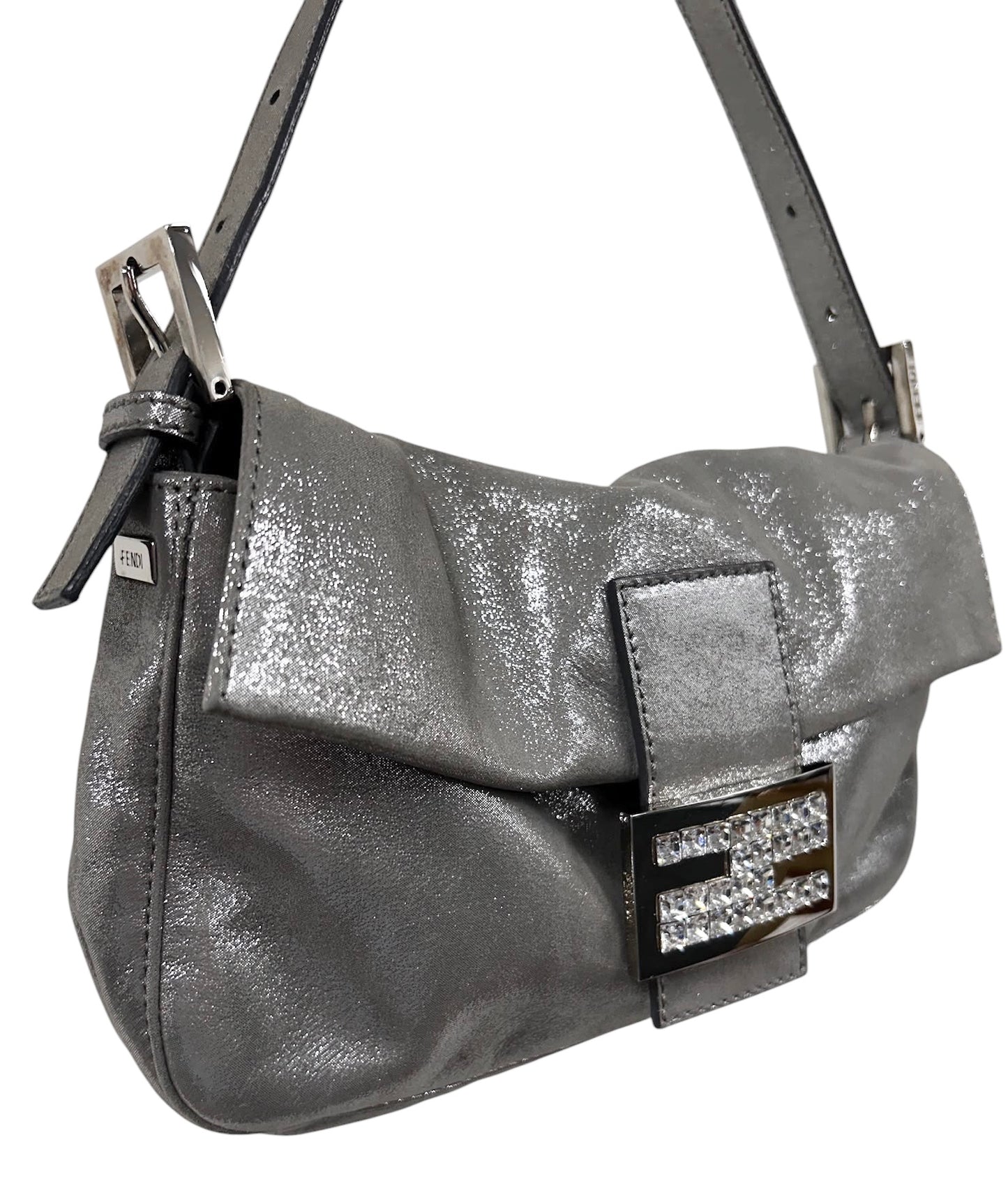 Fendi Vintage Metallic Silver Leather Crystal Logo Shoulder Baguette Bag