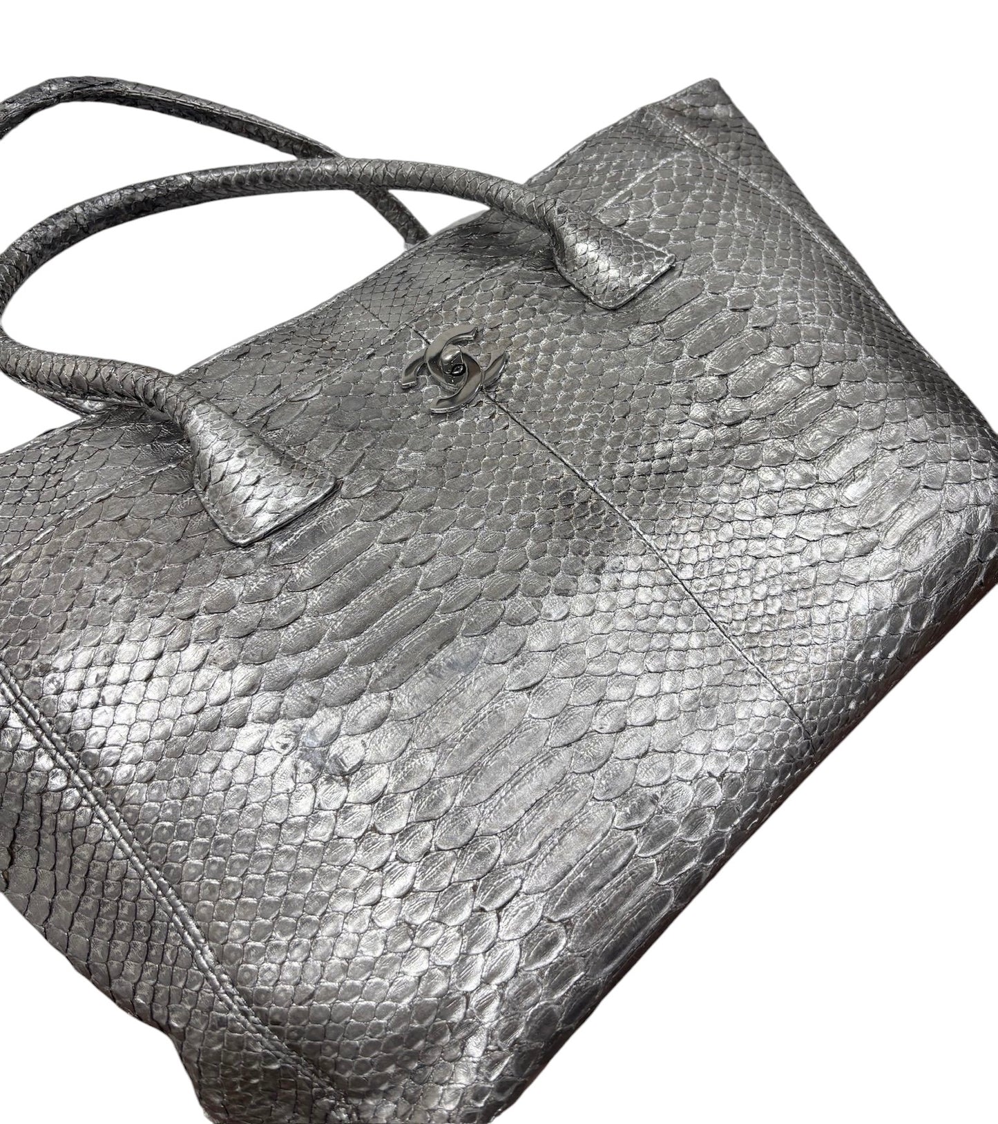 Chanel Vintage 00s Metallic Silver Python XL Cerf Executive Shoulder Tote Bag