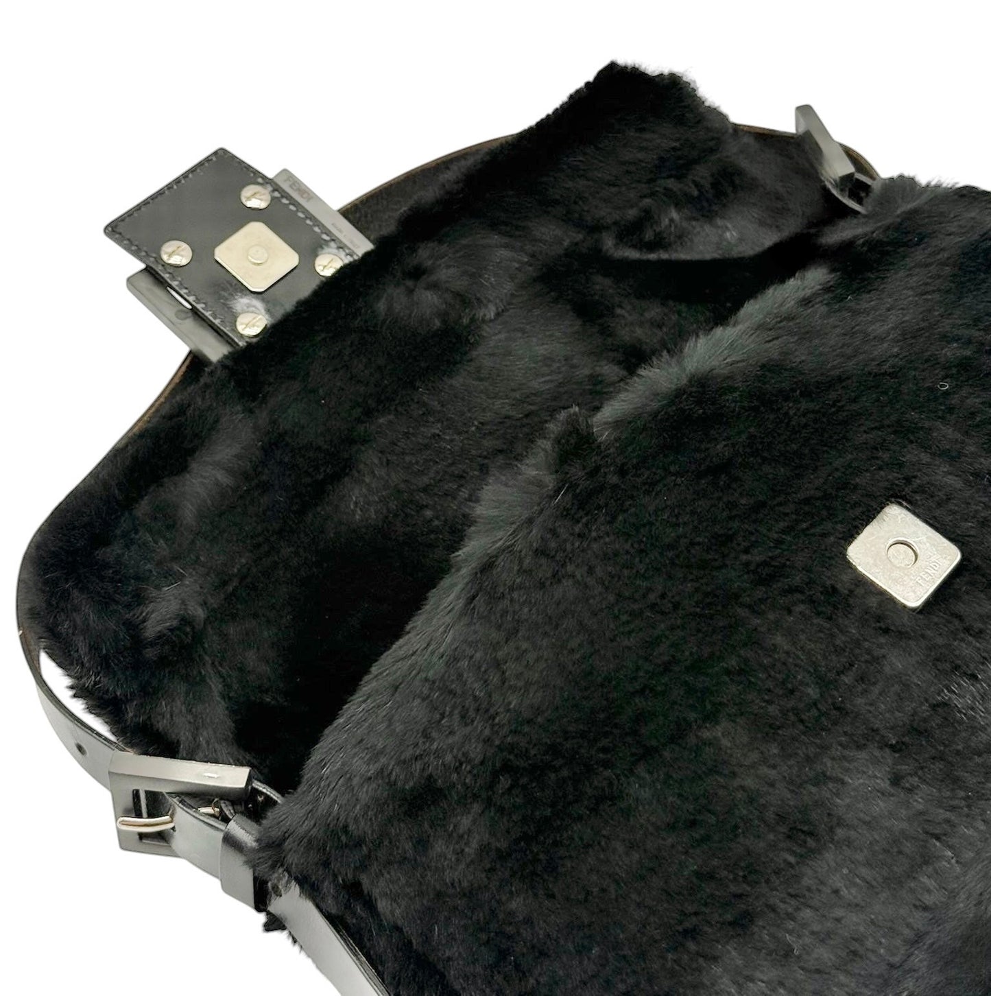 Fendi Vintage Black Rabbit Fur Shoulder Baguette Bag