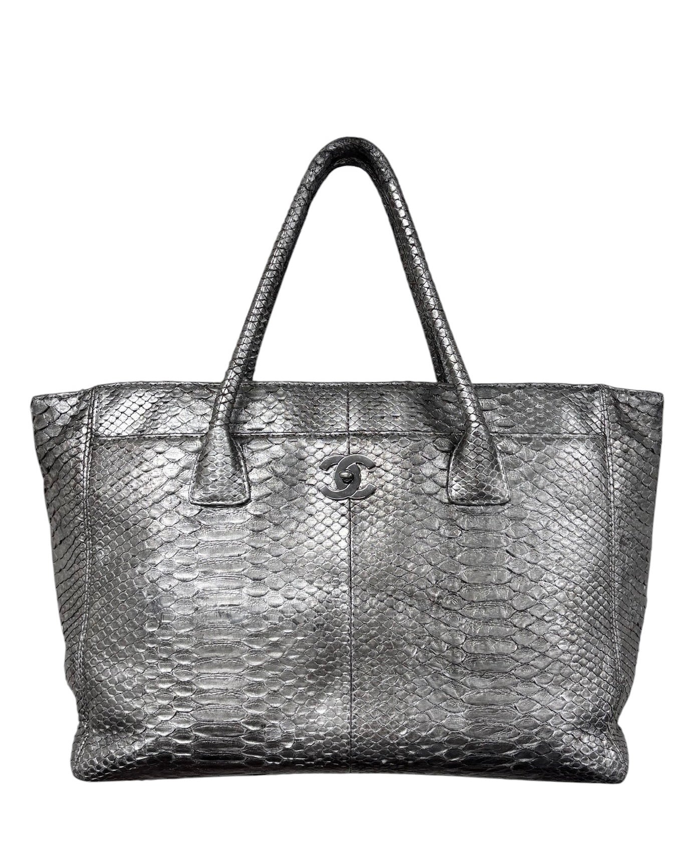 Chanel Vintage 00s Metallic Silver Python XL Cerf Executive Shoulder Tote Bag