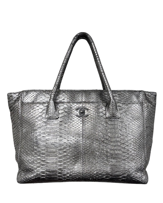 Chanel Vintage 00s Metallic Silver Python XL Cerf Executive Shoulder Tote Bag