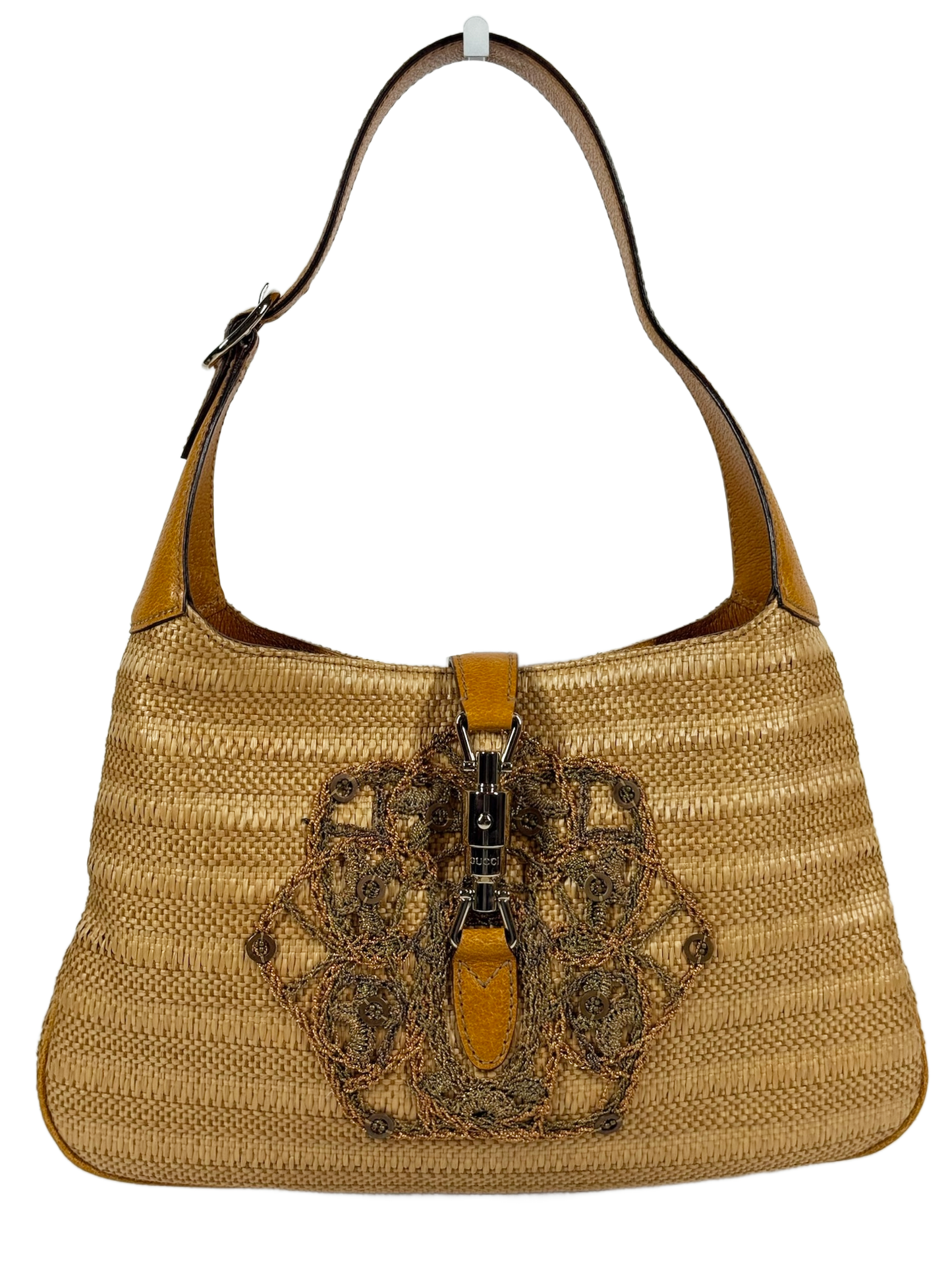 Gucci Vintage Embroidered Sequin Raffia Jackie Shoulder Bag w Gold Leather Trim