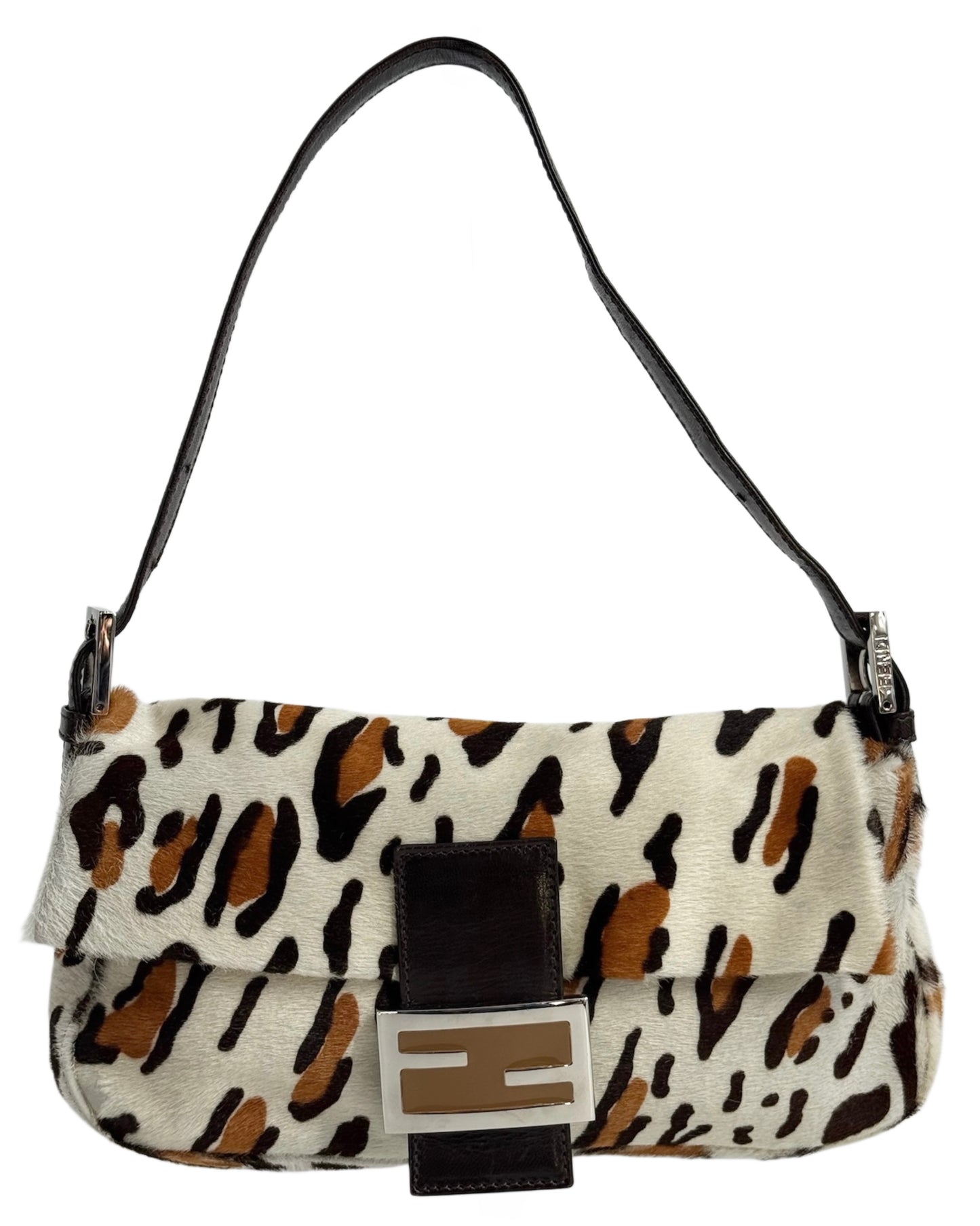 Fendi Vintage White & Brown Leopard Print Pony Hair Shoulder Baguette Bag