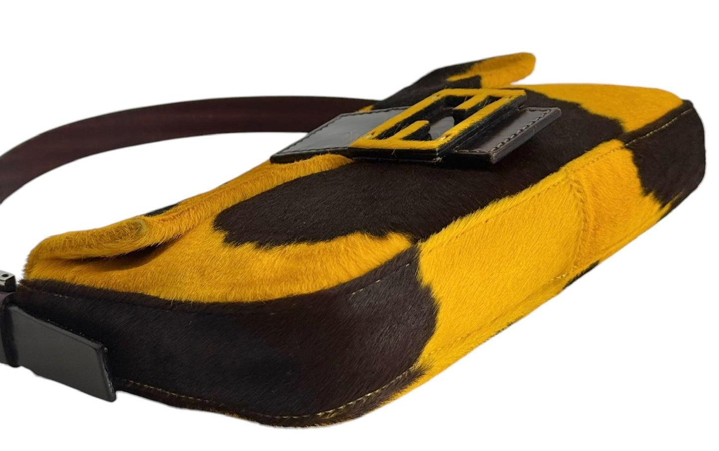 Fendi Vintage Yellow Cow Print Pony Hair Shoulder Baguette Bag