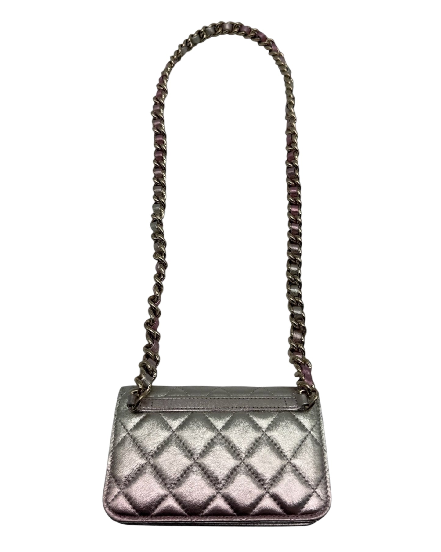 Chanel 2021 Metallic Pink & Silver Quilted Lambskin Coco Punk Clutch with Chain Mini Bag
