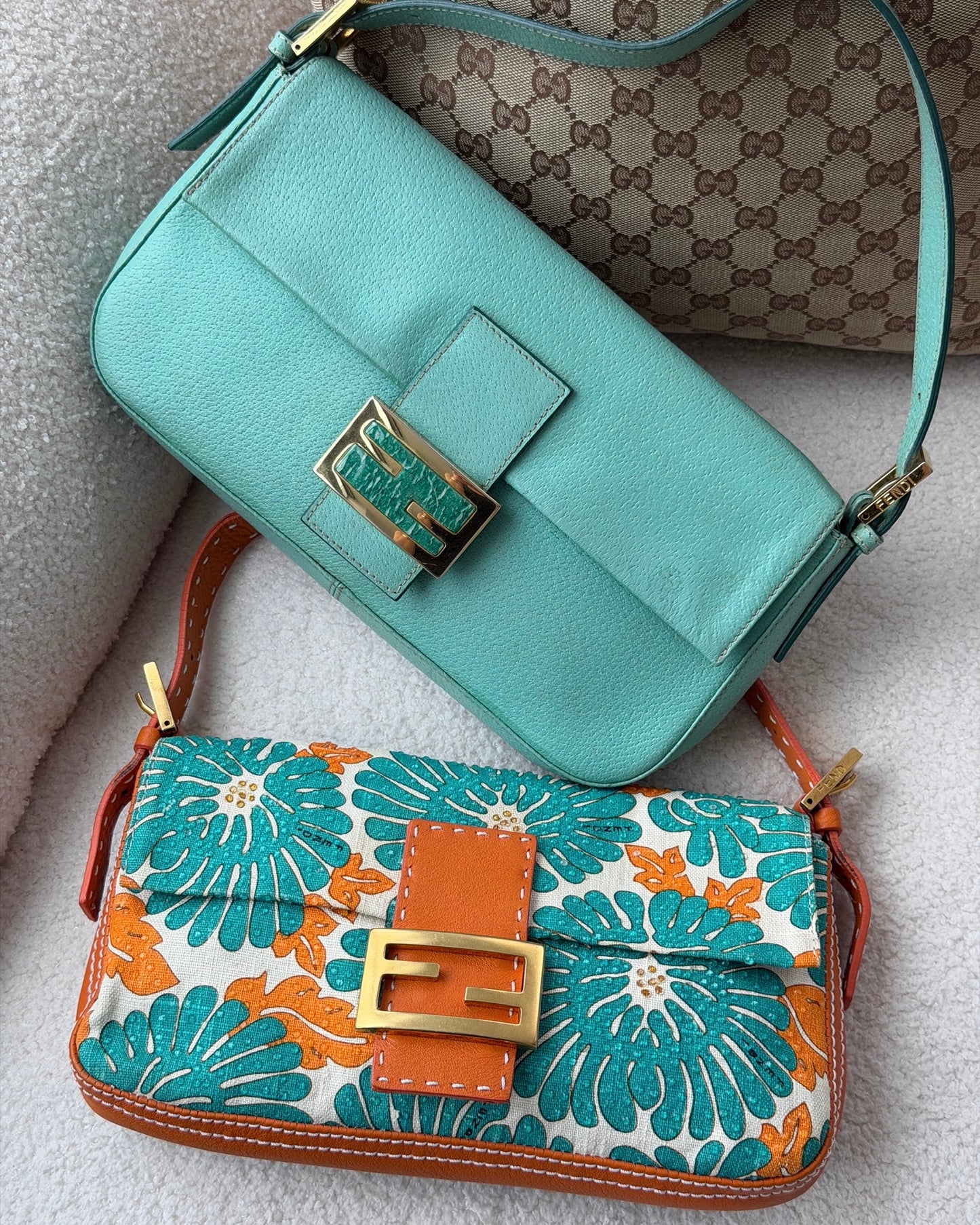 Fendi Vintage Turquoise & Orange Crystal Floral Selleria Leather Trim Shoulder Baguette Bag