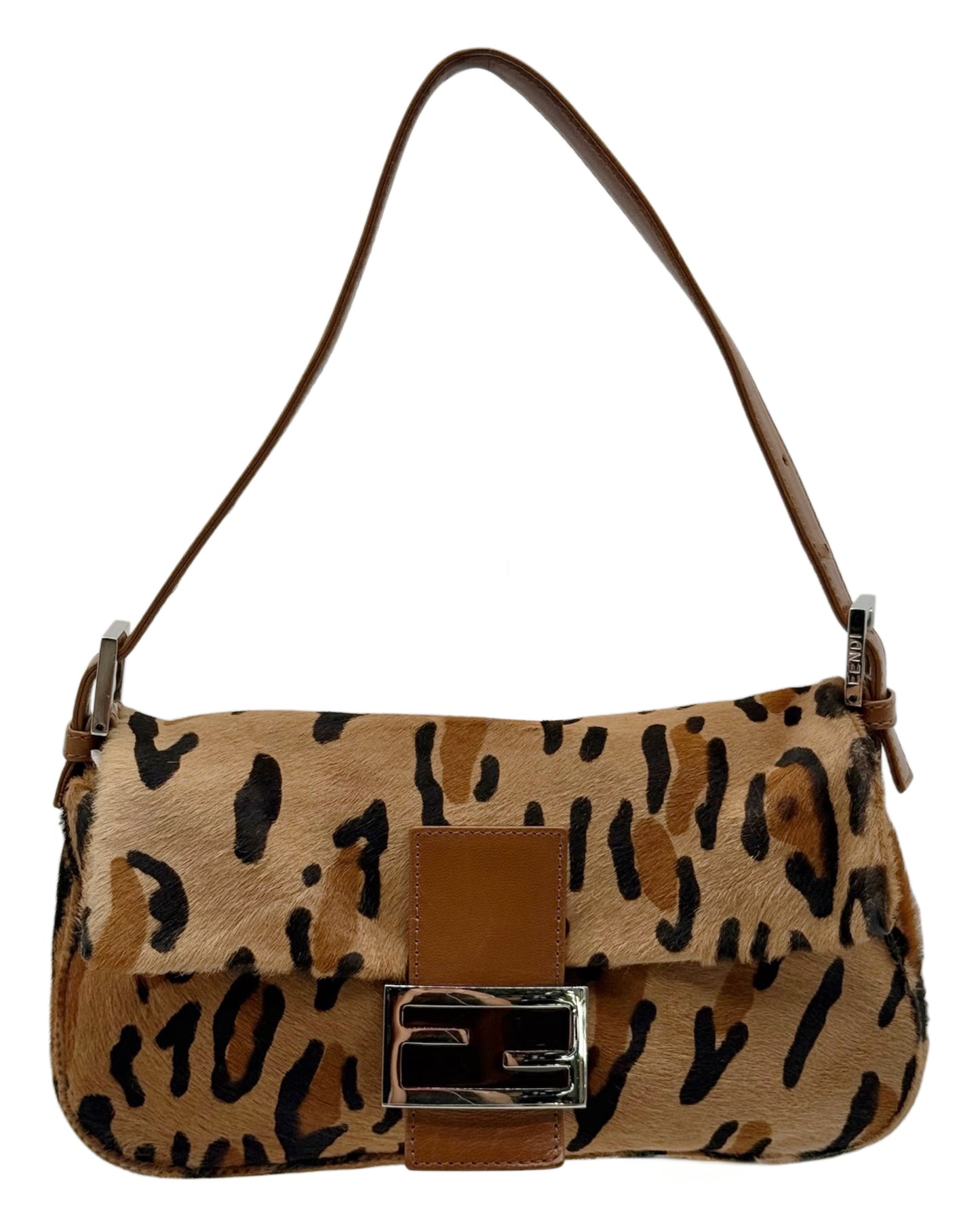 Fendi Vintage Beige Leopard Print Pony Hair Shoulder Baguette Bag
