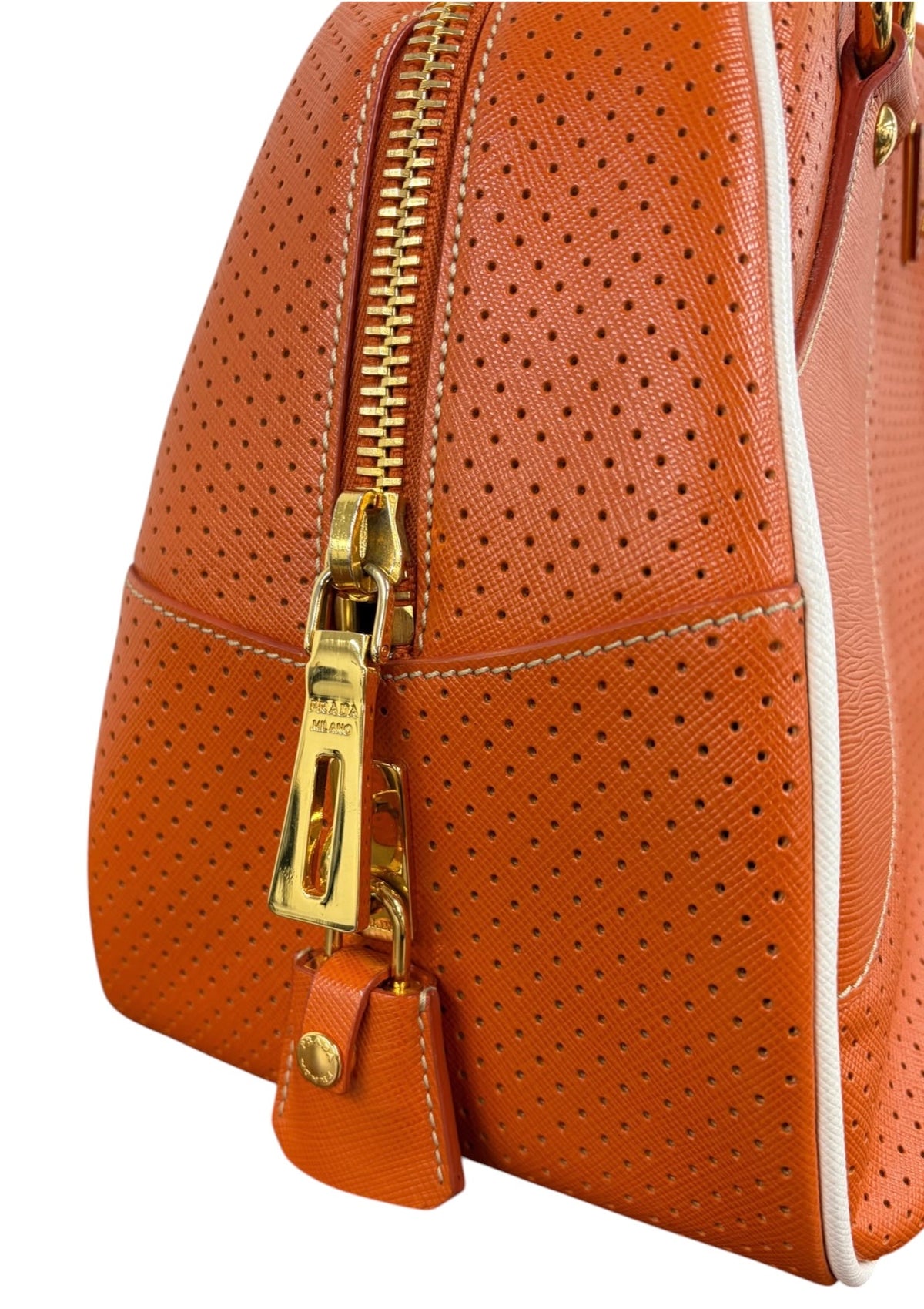 Prada Vintage Orange Perforated Leather Large Top Handle Bowling Bag