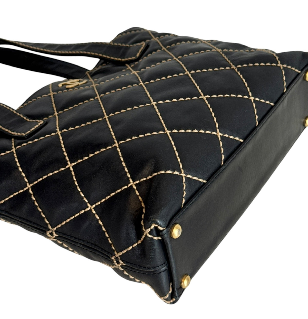 Chanel Vintage 00s Black Quilted Lambskin Wild Stitch Small Shoulder Tote Bag