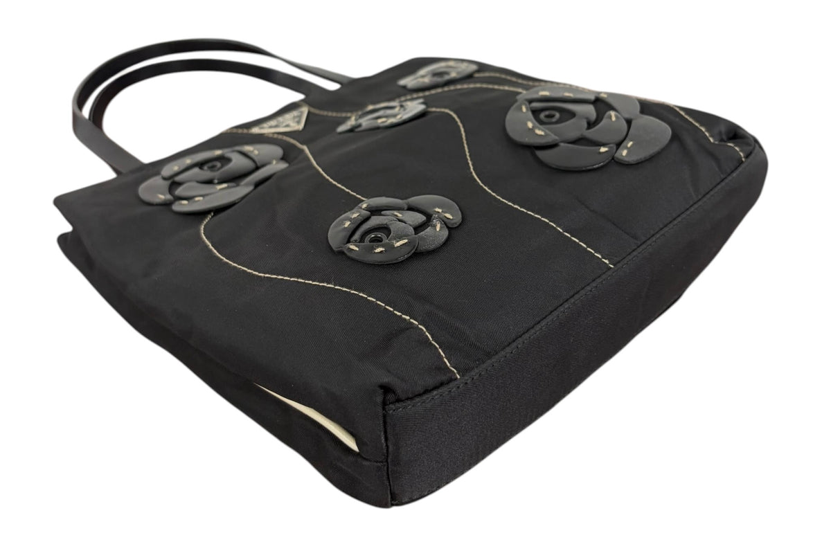 Prada Vintage Black Tessuto Nylon Leather Rosette Mini Top Handle Tote Bag