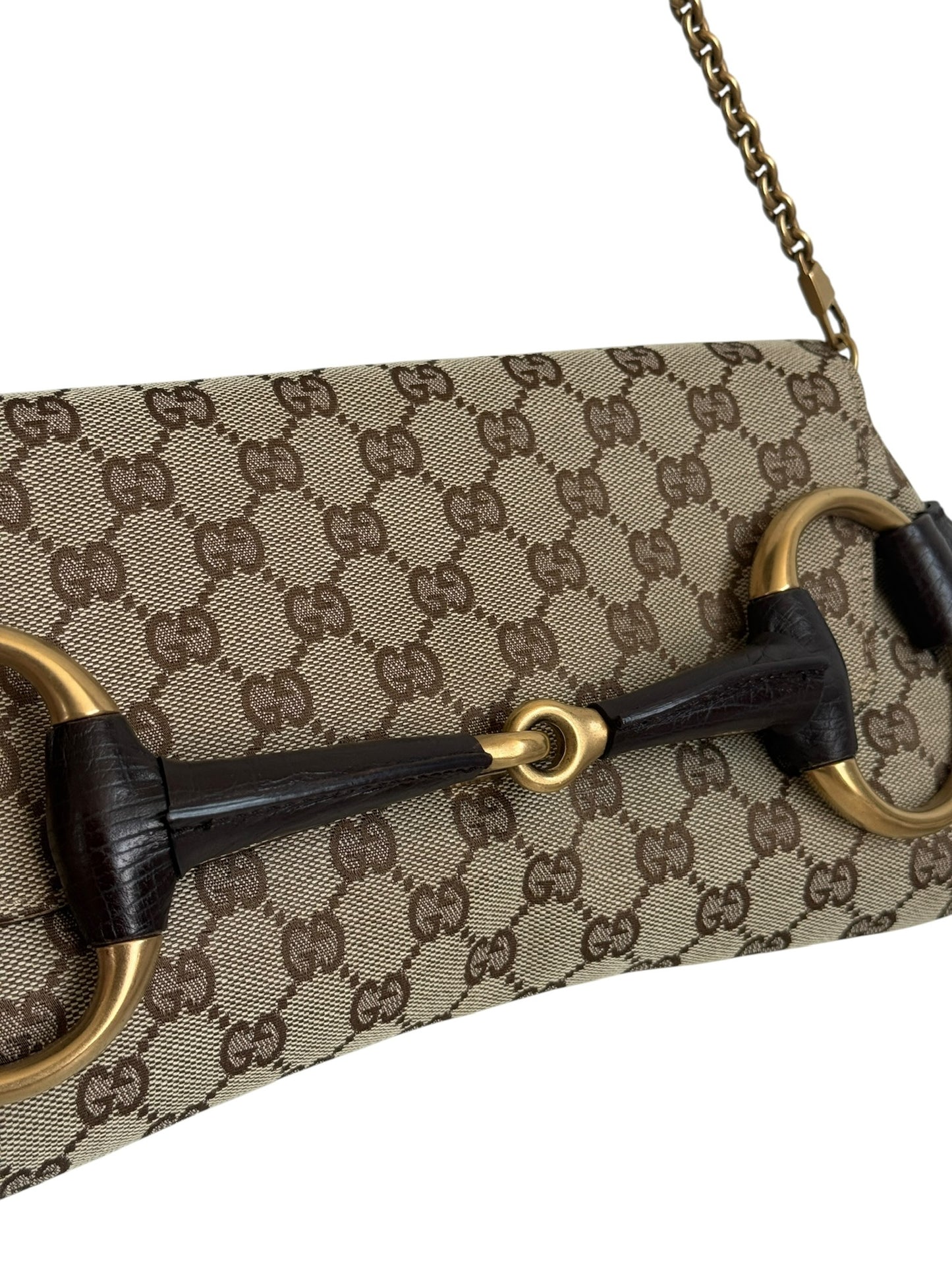 Gucci Vintage Brown GG Monogram Large Horsebit Shoulder Clutch Pochette Bag