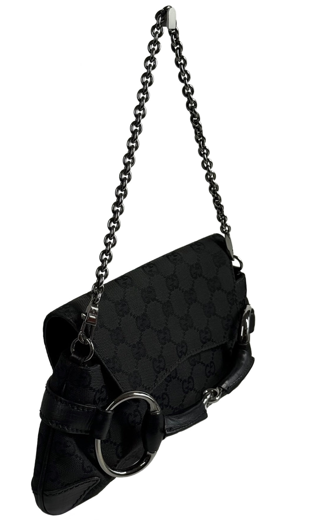 Gucci Vintage Black GG Monogram Small Horsebit Shoulder Clutch Pochette Bag