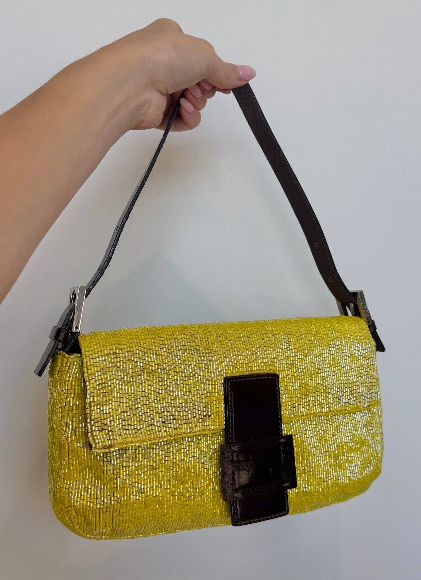 Fendi Vintage Neon Yellow Beaded Baguette Shoulder Bag