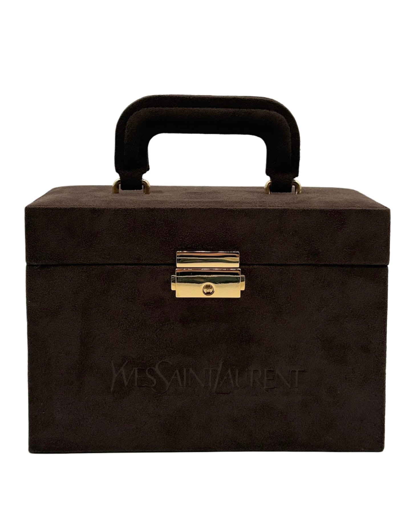 YSL / Yves Saint Laurent Vintage Brown Suede Mini Trunk Vanity Jewelry Case Box