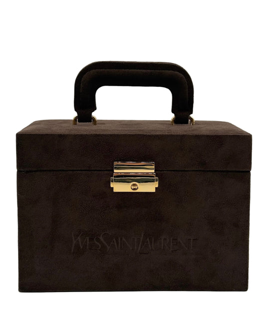 YSL / Yves Saint Laurent Vintage Brown Suede Mini Trunk Vanity Jewelry Case Box