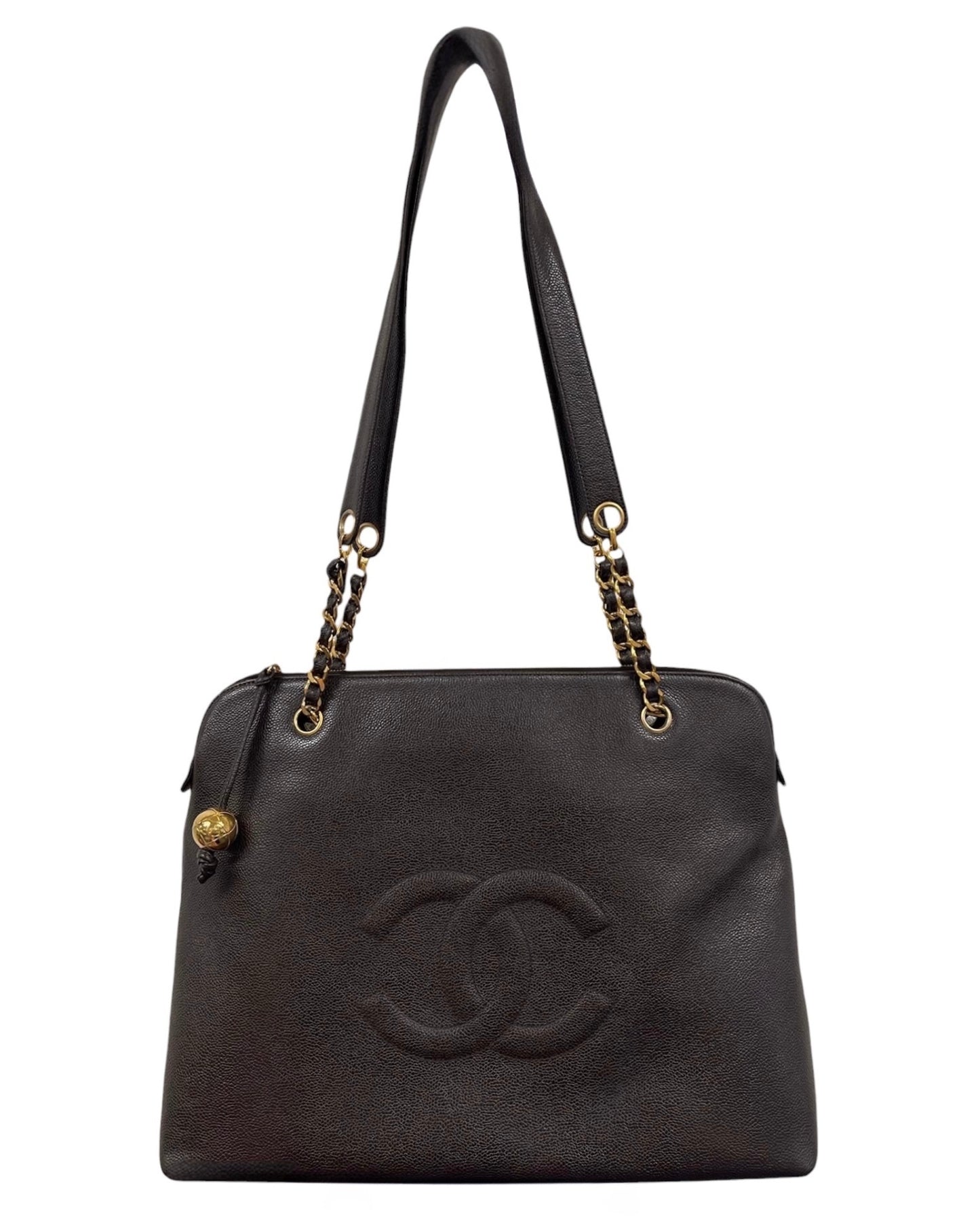 Chanel Vintage 90s Dark Brown Caviar Large CC Logo Zip Shoulder Tote Bag with 24K Gold Plated Hardware