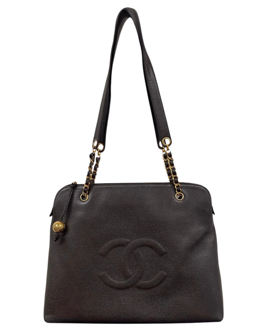 Chanel Vintage 90s Dark Brown Caviar Large CC Logo Zip Shoulder Tote Bag with 24K Gold Plated Hardware