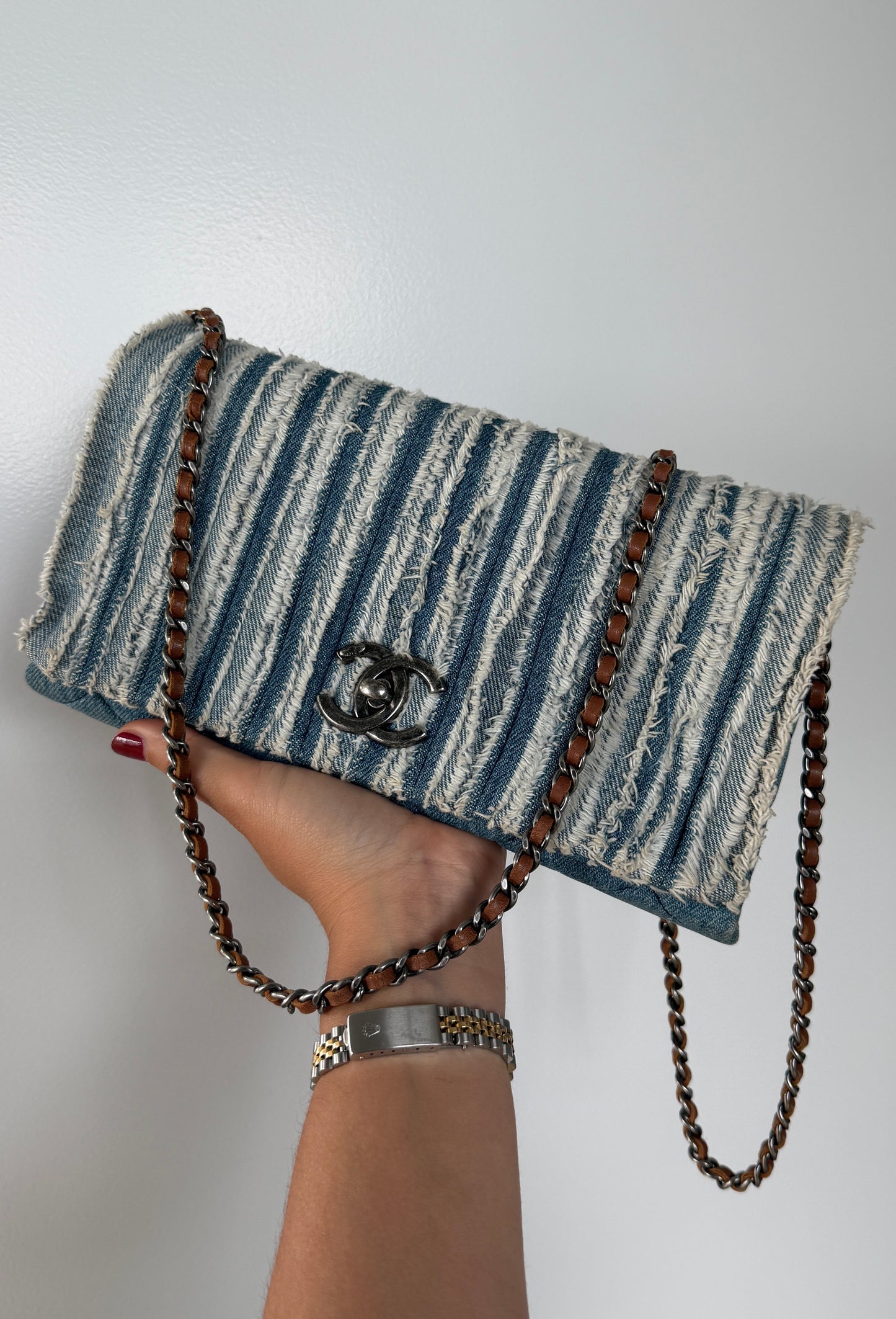 Chanel Blue Striped Denim Fringe Trim Full Flap Shoulder Crossbody Bag 