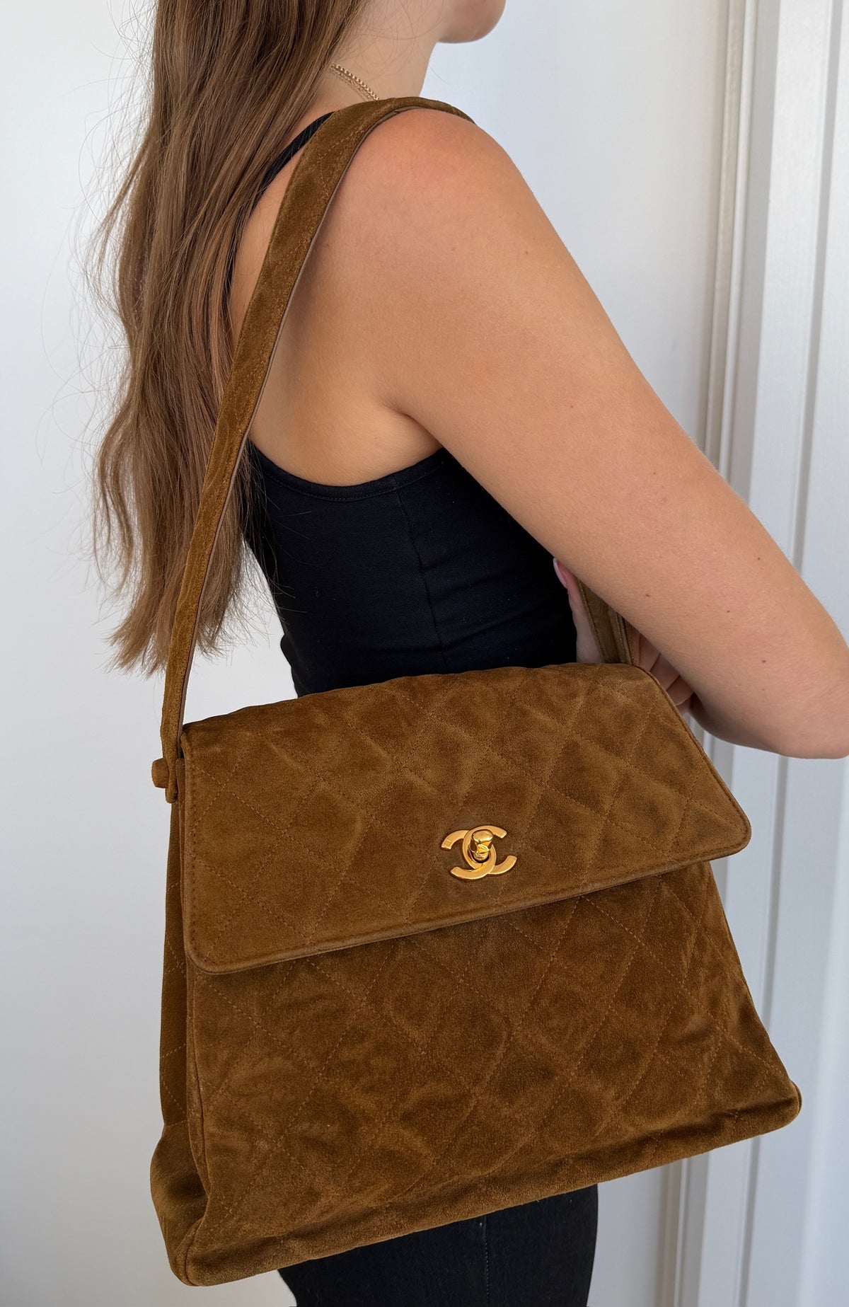 Chanel Vintage 90s Light Brown Quilted Suede Medium Kelly Shoulder Bag with 24K